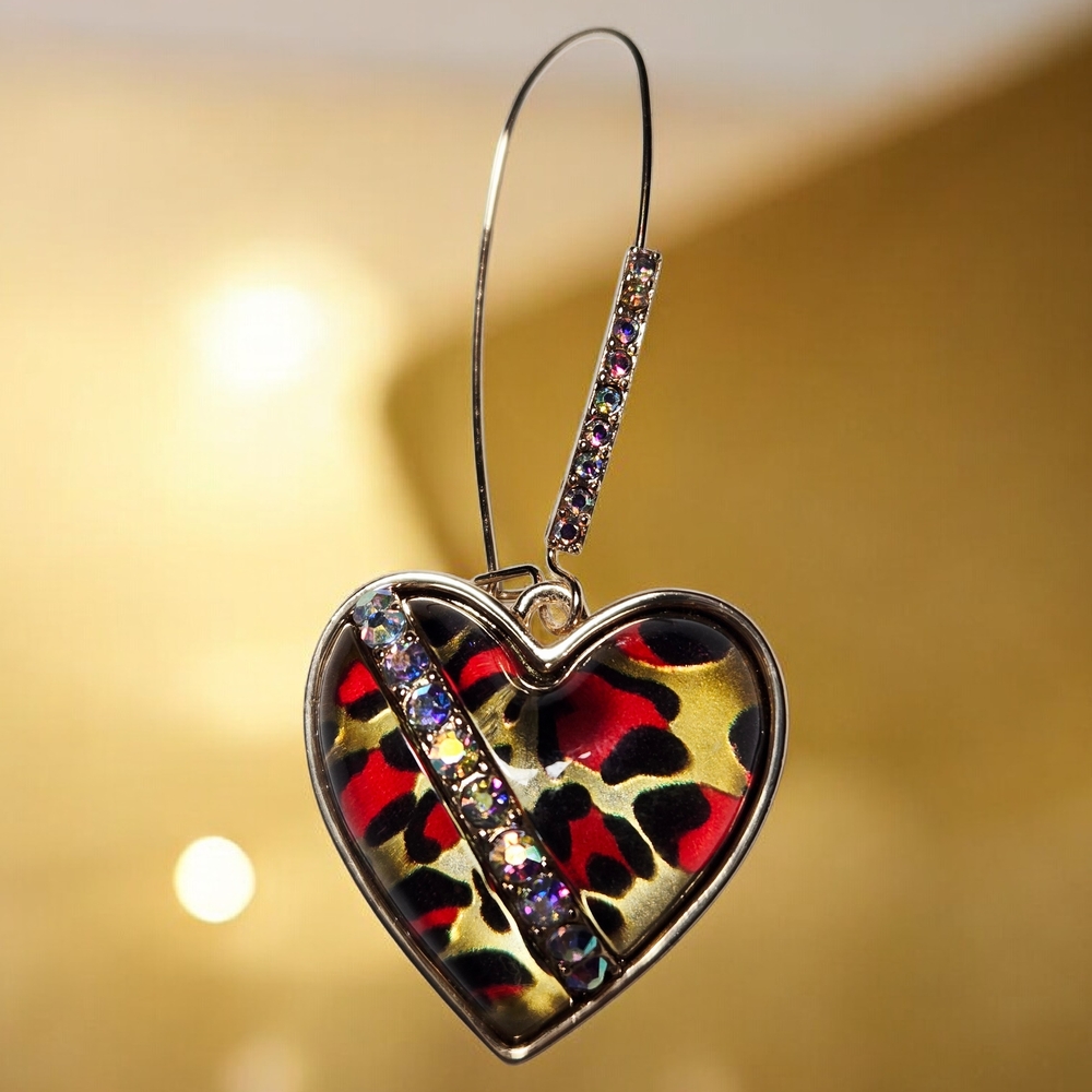 NEW Betsey Johnson Gold Tone Crystal Leopard Animal-Print Heart Drop Earrings - Picture 3 of 3